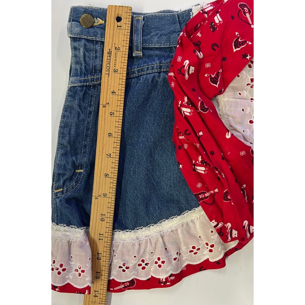 Vintage Homemade Apron Denim -  Lace & Red Western Ruffle Waist one of a Kind - Picture 6 of 8